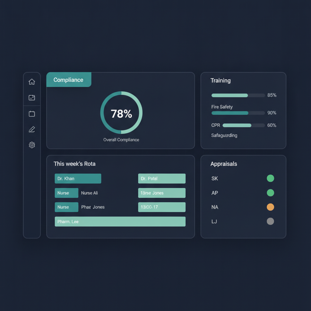 iPCN dashboard mockup showing compliance currency, this week's rota, training completion and appraisals in one screen
